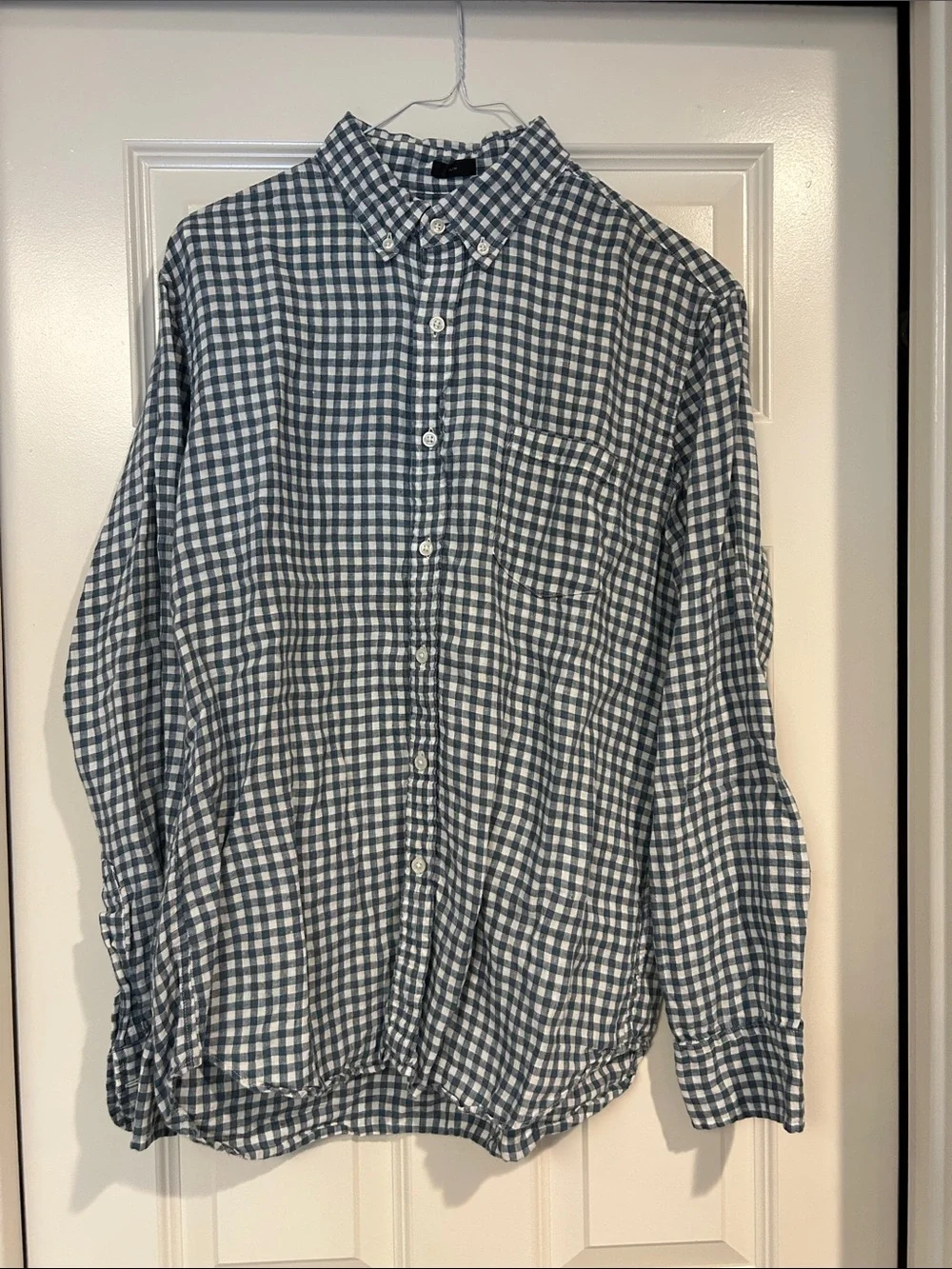 J. Crew Men's Blue and White Gingham Linen Button-Down Shirt